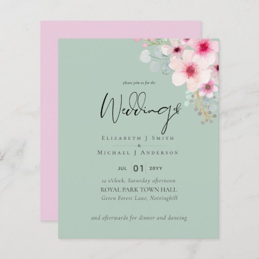 Papier Blush Rose Sage Floral Mariage INVITE Budget (Devant / Derrière)