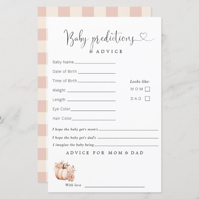 Papier Boho Automne Citrouille Baby shower Prédictions Co (Devant / Derrière)