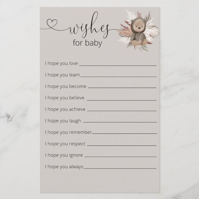 Papier Boho Bear Baby shower Wings For Baby Card (Devant)