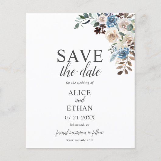 Papier Boho Bleu Poussiéreux Fleurs Beige Save The Date (Devant)