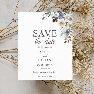 Papier Boho Bleu Poussiéreux Fleurs Beige Save The Date