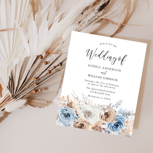 Papier Boho Blue Floral Budget Faire-part de mariage