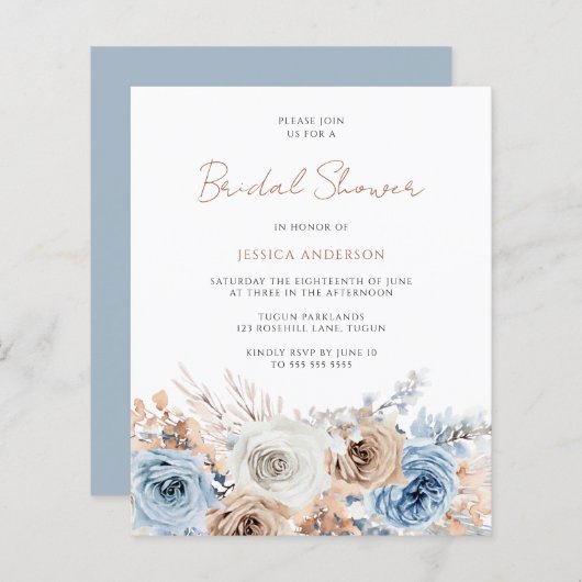 Papier Boho Blue Floral Budget Nuptiale Douche Invitation (Devant / Derrière)
