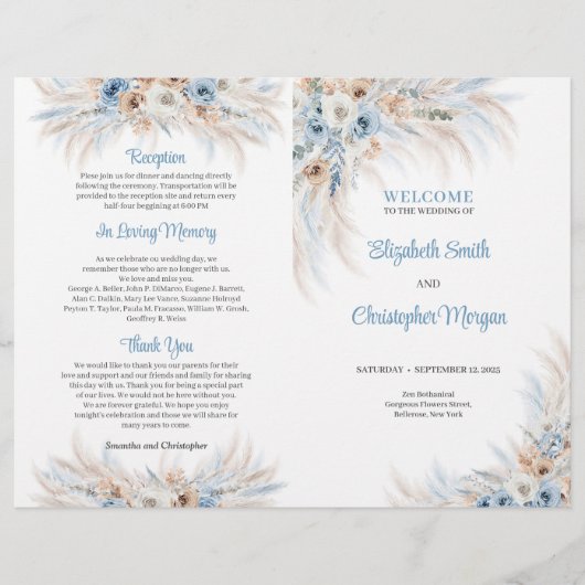 Papier Boho Blue Floral et Pampas Roses d'ivoire (Devant)