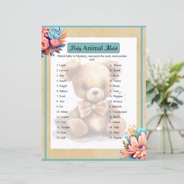 Papier Boho Blue Oear Baby shower Animal Match Jeu (Debout devant)