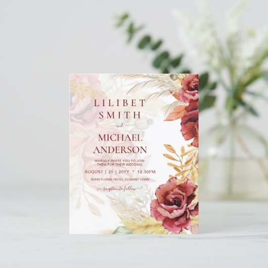 Papier BOHO Bourgogne Rose Pampas Mariage (Debout devant)