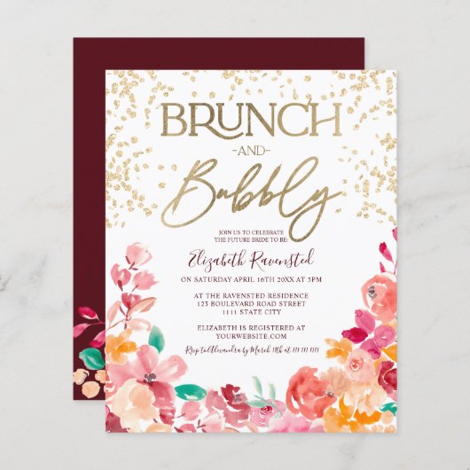 Papier Boho brunch floral bubbly budget de douche nuptial (Devant / Derrière)