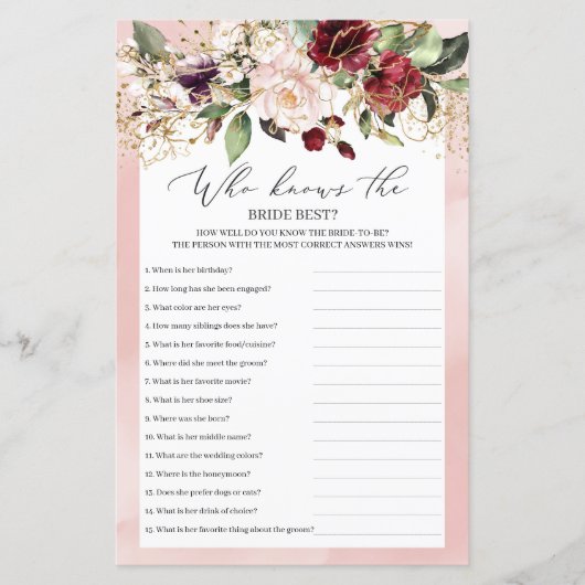 Papier Boho Burgundy Floral Qui Connaît Bride Meilleur Je (Devant)