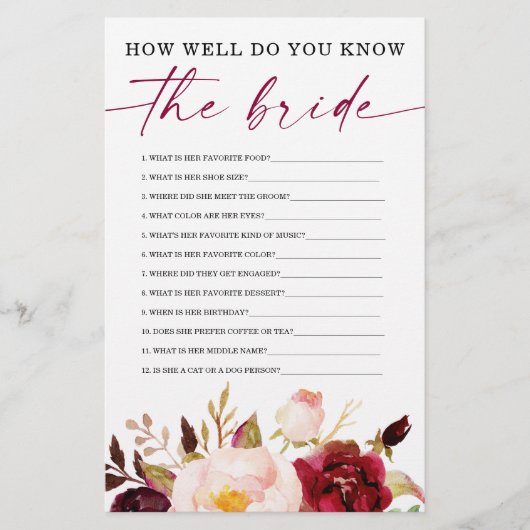 Papier Boho Burgundy Jeux à double face Fête des mariées (Devant)