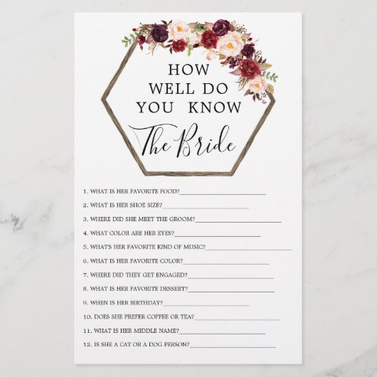 Papier Boho Burgundy Jeux à double face Fête des mariées (Devant)