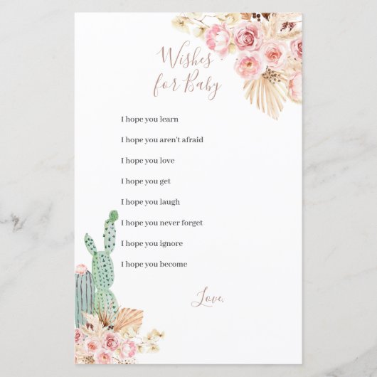 Papier Boho Cactus Fleurs roses Voeux pour Baby Game (Devant)