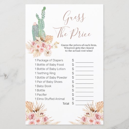 Papier Boho Cactus rose Floral Devinez le prix Jeu (Devant)