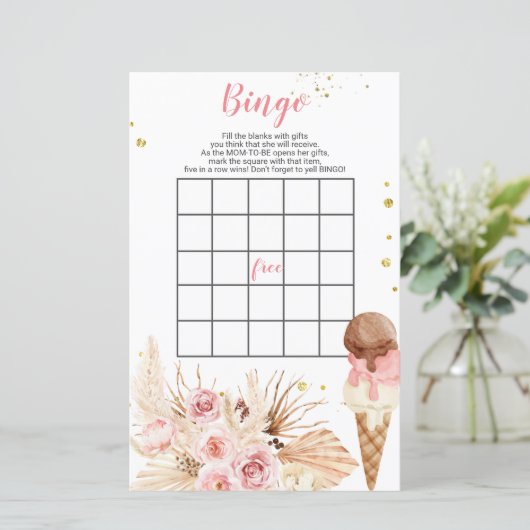 Papier Boho crème glacée Fleurs roses baby shower Bingo J (Debout devant)