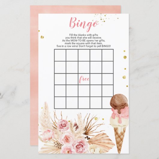 Papier Boho crème glacée Fleurs roses baby shower Bingo J (Devant / Derrière)