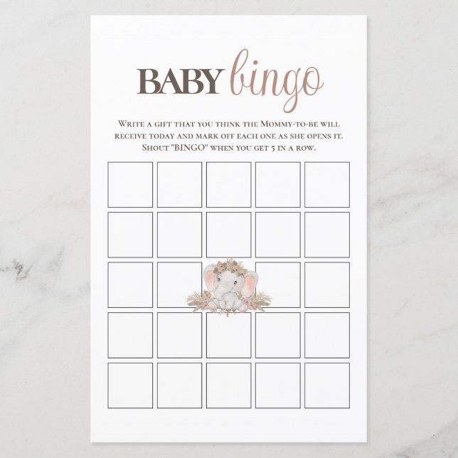 Papier Boho Cute Elephant Baby Bingo Baby shower Jeu (Devant)