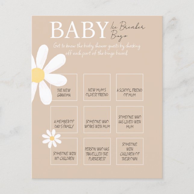 Papier Boho Daisy Floral Baby Ice Breaker Jeu de Bingo (Devant)