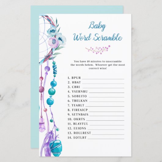 Papier Boho Dreamcatcher Baby shower Mot (Devant / Derrière)