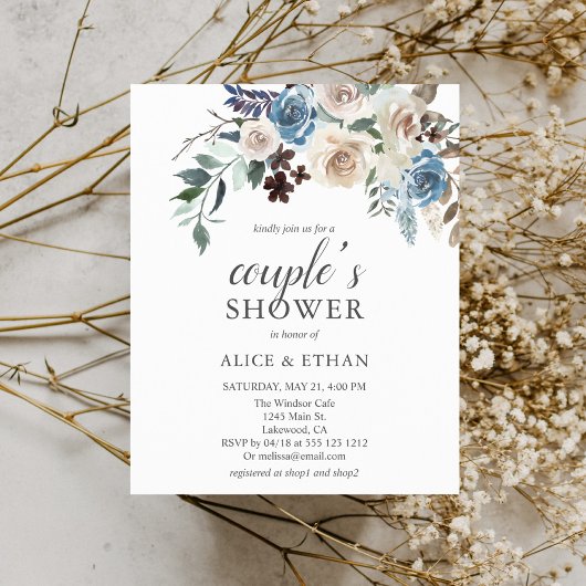 Papier Boho Dusty Blue Beige Fleurs Couples Douche