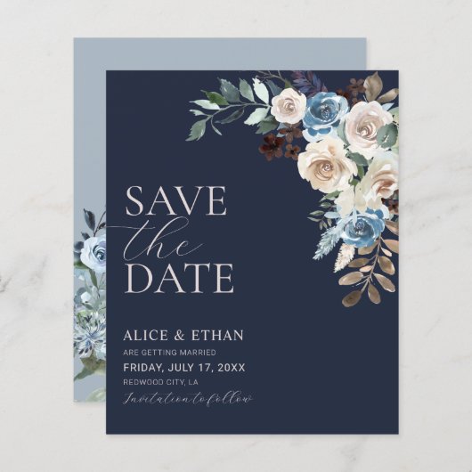 Papier Boho Dusty Blue Beige Fleurs Script Enregistrer La (Devant / Derrière)