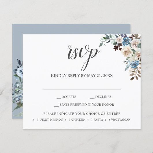 Papier Boho Dusty Blue Beige Fleurs Script Mariage RSVP (Devant / Derrière)