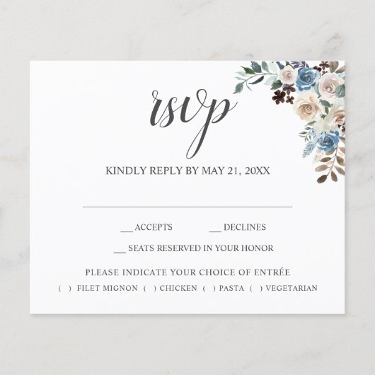 Papier Boho Dusty Blue Beige Fleurs Script Mariage RSVP (Devant)