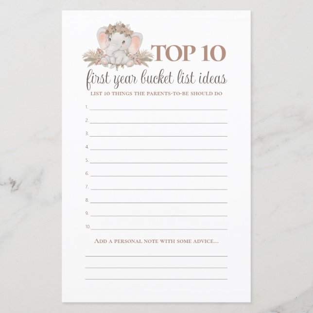 Papier Boho Elephant Bucket List Baby shower Jeu (Devant)