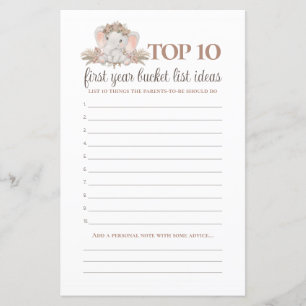 Papier Boho Elephant Bucket List Baby shower Jeu