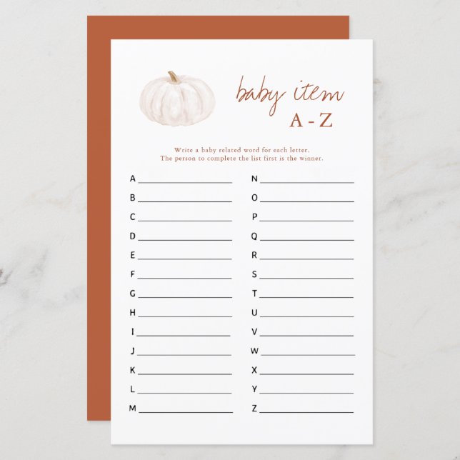 Papier Boho Fall Citrouille Baby Item A-Z Baby shower Jeu (Devant / Derrière)