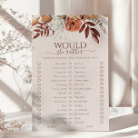 Papier Boho Fall Voudrait-Elle Plutôt Fête des mariées Je<br><div class="desc">Ce jeu de douche nuptiale ludique et engageant est parfait pour ajouter une touche de charme d'automne à votre journée spéciale. Doté d'un bel agencement de fleurs d'automne et d'une calligraphie élégante, ce jeu "Voudrait-elle plaire" invitation les invités à prédire les préférences de la mariée sur une variété de questions...</div>