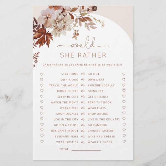 Papier Boho fall Voudrait-elle plutôt nuptiale douche jeu (Devant)