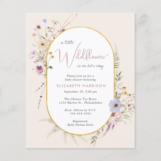 Papier Boho Fleur sauvage Aquarelle bébé fille douche Inv (Devant)