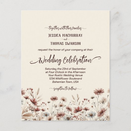Papier Boho Fleur sauvage BUDGET Wedding Inviter avec/ Dé (Devant)