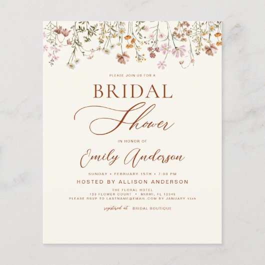 Papier Boho Fleur sauvage Fête des mariées Script Invitat (Devant)