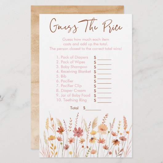 Papier Boho Fleurs sauvages Devinez Le Baby shower De Pri (Devant / Derrière)