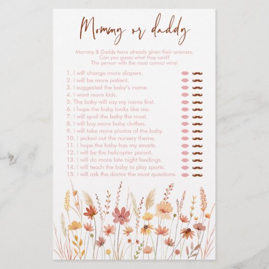 Papier Boho Fleurs sauvages maman ou papa Baby shower jeu (Devant)