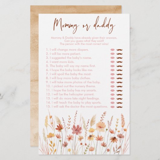 Papier Boho Fleurs sauvages maman ou papa Baby shower jeu (Devant / Derrière)