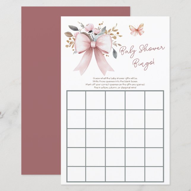 Papier Boho Floral Bow Girl Baby shower Bingo (Devant / Derrière)