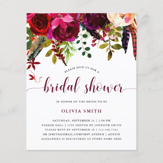 Papier Boho Floral | BUDGET Invitation à la douche nuptia (Devant)