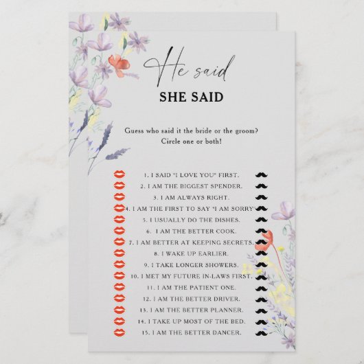 Papier Boho Floral Il a dit qu'elle a dit jeu de douche n (Devant / Derrière)