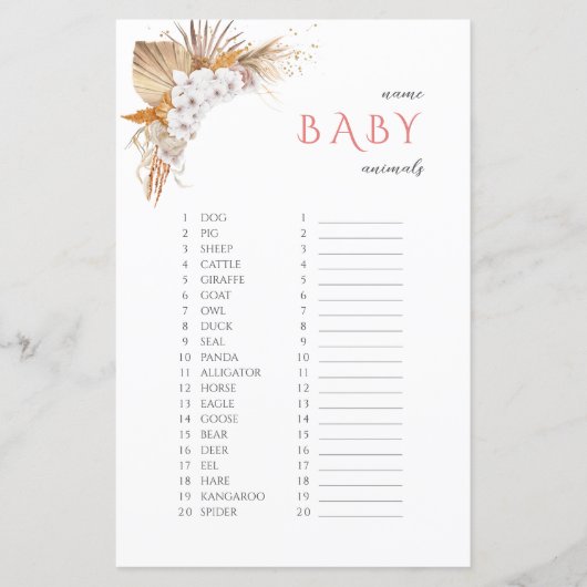 Papier Boho Floral Nom Bébé Animaux Baby shower Jeu (Devant)