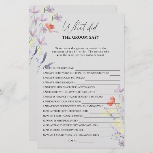 Papier Boho Floral Qu'est-ce que le marié a dit jeu de la (Devant / Derrière)