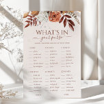 Papier Boho Floral What's In Your Purse Mariage Jeu<br><div class="desc">Faites rire votre fête de mariage et concourrez avec ce jeu amusant et personnalisable "What's in Your Purse?". Doté d'une belle décoration florale aux couleurs neutres inspirées des chutes, ce jeu est parfait pour un mariage de style automne ou boho. Customisez le jeu avec vos propres touches personnelles pour créer...</div>