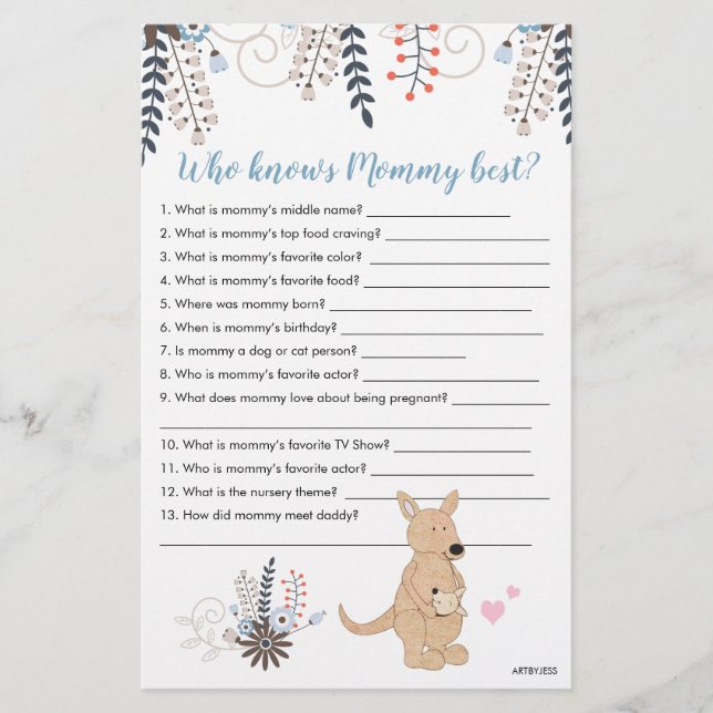 Papier Boho Kangaroo Boy Baby shower Qui Connaît Mommy Ga (Devant)