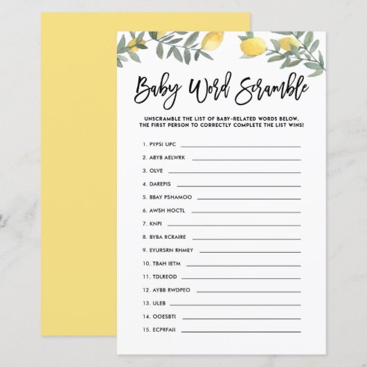 Papier Boho Lemon Baby Word Scramble Baby shower Jeu (Devant / Derrière)