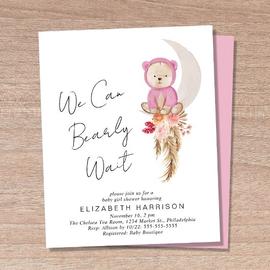 Papier Boho Ours Bearly Wait Baby Girl Douche Invitation