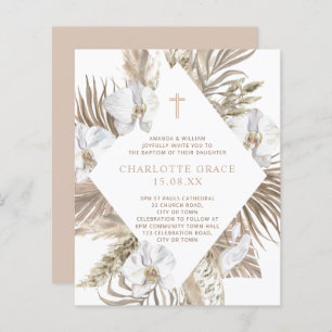 Papier Boho Palm Floral Girl Baptême rose Tan Invitation