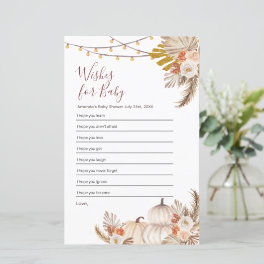 Papier Boho Pampas Citrouille en herbe Voeux pour bébé (Debout devant)