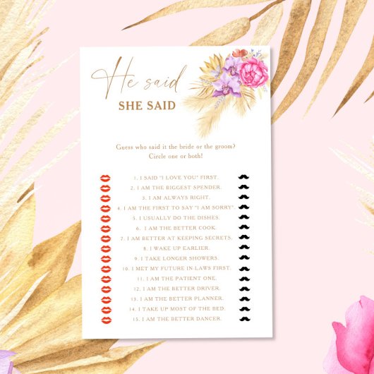 Papier Boho Pampas Floral Il a dit qu'elle a dit jeu de n