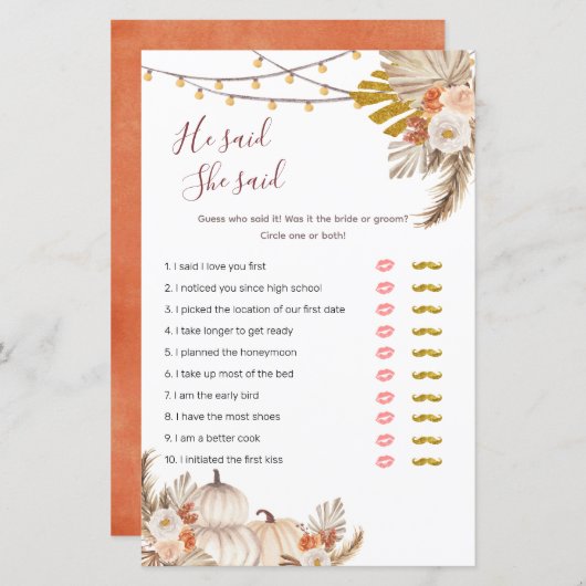 Papier Boho Pampas Grass Citrouille Il a dit Elle a dit J (Devant / Derrière)