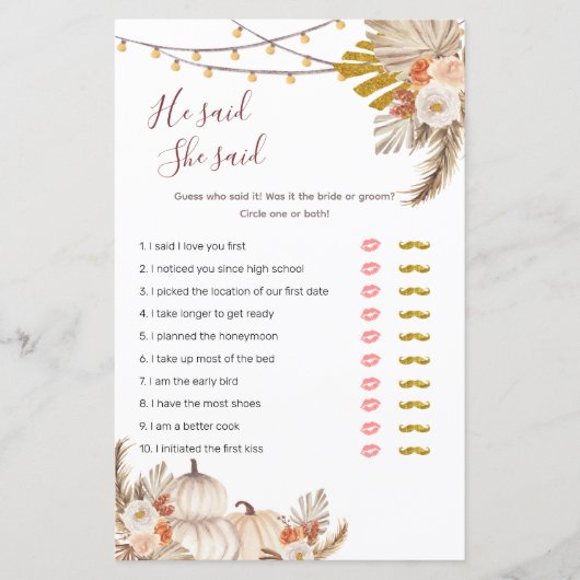 Papier Boho Pampas Grass Citrouille Il a dit Elle a dit J (Devant)